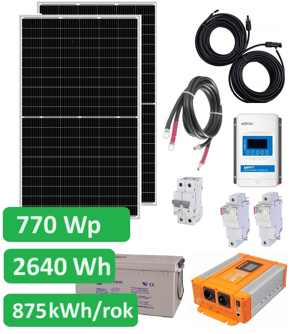 Ostrovní solární set Sunset 230V 50Hz 770Wp, 875 kWh/rok, akumulátor GEL 2640Wh, WiFi monitoring