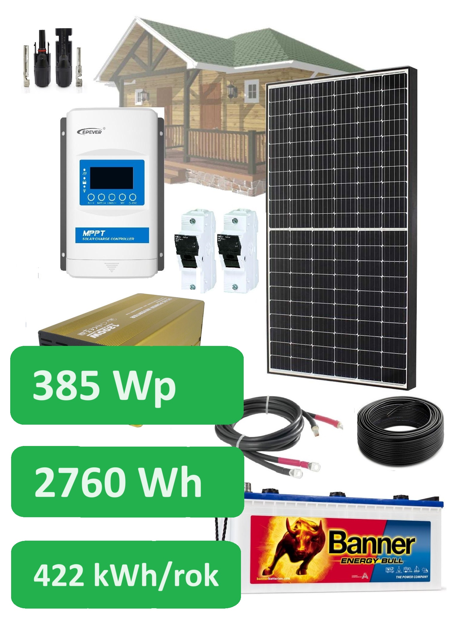 385Wp solární sestava BCH - 230V AC/230Ah, 385Wp/h, baterie Banner 12V, 230Ah, 2760W, měnič 1000W čistá sinusoida