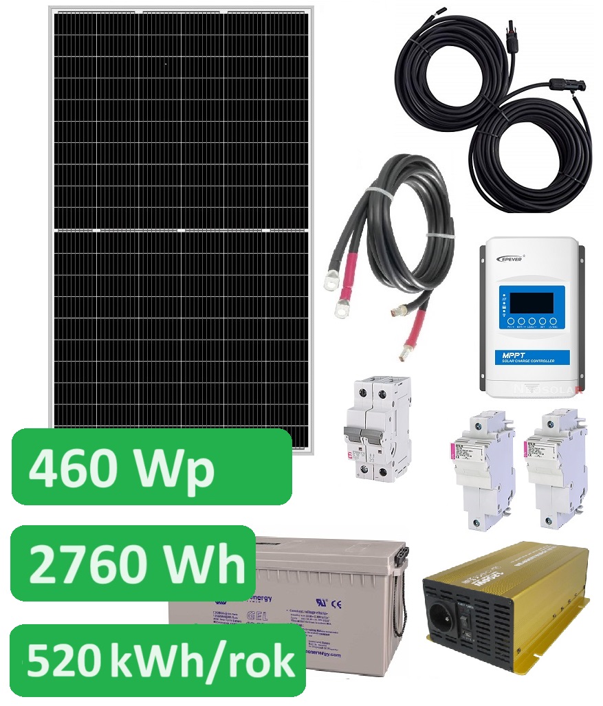 Ostrovní solární set Sunset 230V 50Hz 460Wp, 520kWh/rok, akumulátor AGM 2760Wh