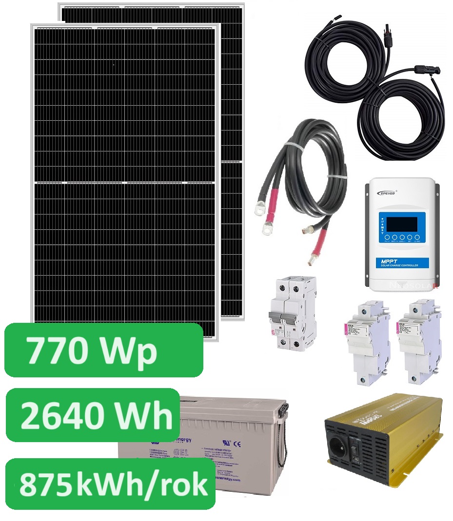 Ostrovní solární set Sunset 230V 50Hz 770Wp, 875 kWh/rok, akumulátor GEL 2640Wh