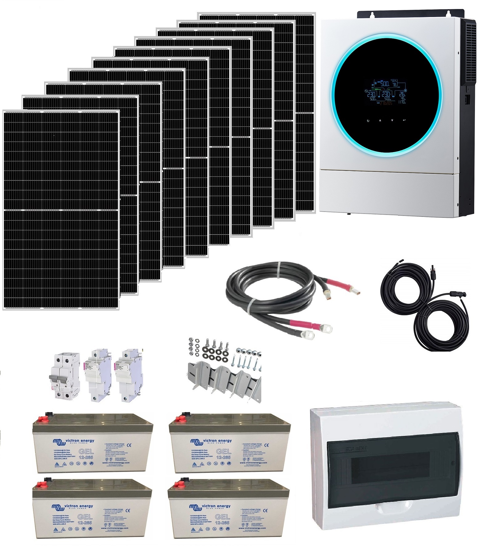 Solární set Sunset Kombi 3850, 230V AC, panely 3850Wp, měnič 5600W, AGM akumulátory 48V 230Ah 11,40kWh, Kombi měnič MPPT s možností napojení sítě 230VAC nebo agregátu