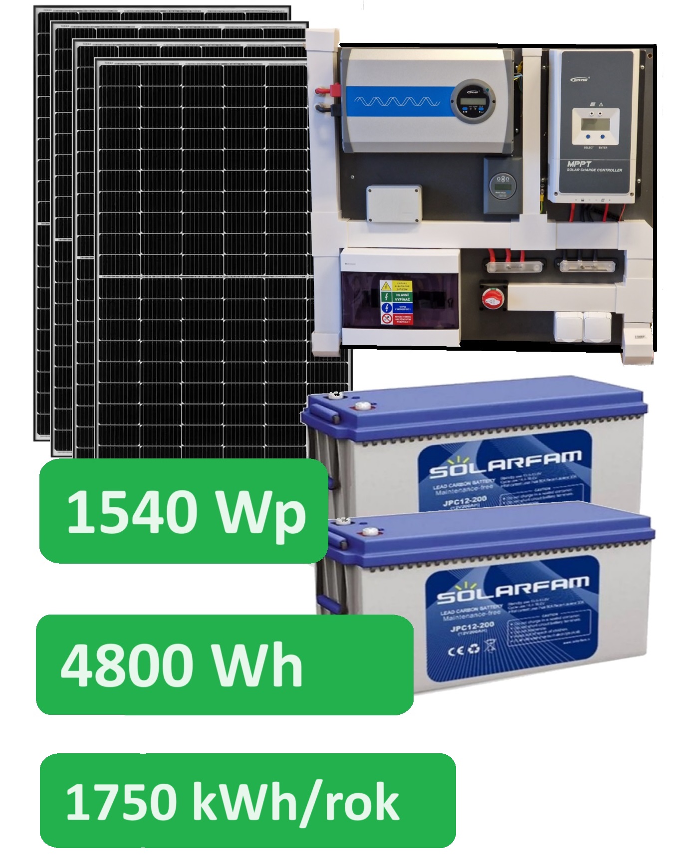 Předpřipravený ostrovní solární set Komfort 230V AC, 50Hz 1540Wp, 1750kWh/rok, Uhlíková baterie 24V/200Ah 4800Wh (3600 cyklů D.O.D) Blutooth, WIFI monitoring
