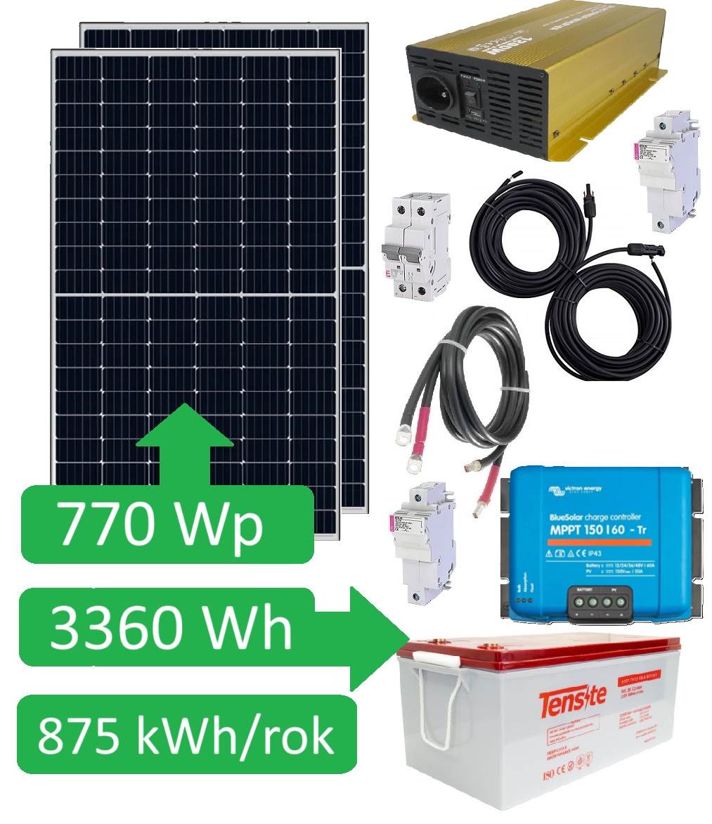 770Wp Ostrovní solární set Sunset 230V 50Hz 770Wp, 875 kWh/rok, akumulátor AGM 3360Wh