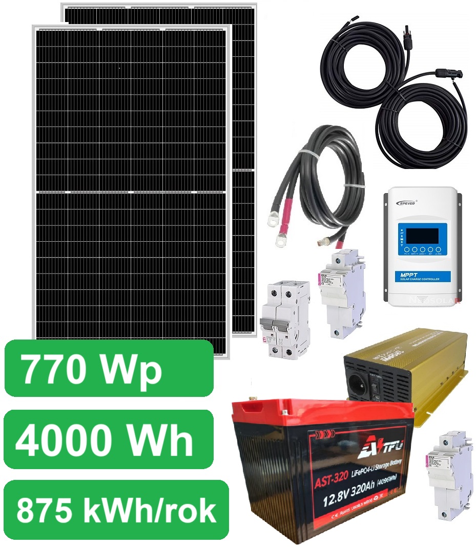 Ostrovní solární set Sunset 230V 50Hz 770Wp, 875 kWh/rok, akumulátor LiFePO4 o výkonu 4kWh
