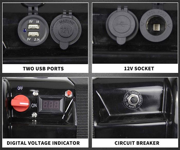 Box pro akumulátor se zásuvkami 12V a USB 5V/2,1+1A pro baterii 100Ah, BA850